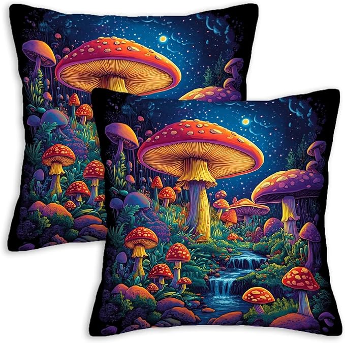 Mushroom Throw Pillow Covers Set of 2,18x18 Inches, Cushion Cases for Couch and Sofa, Zipper Closure, Vintage Home Decor for Living Room and Bed Room