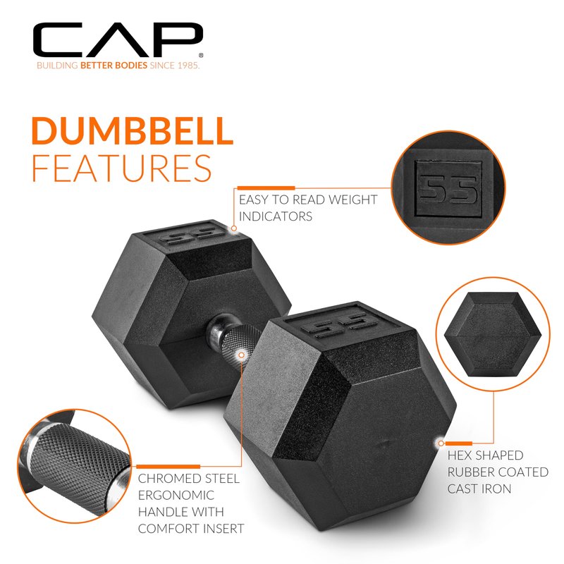 CAP 120 LB Rubber Coated Hex Dumbbell Weight, Rubber Free Weights for Home Gym Strength Training, Comfort Grip Handle, Single