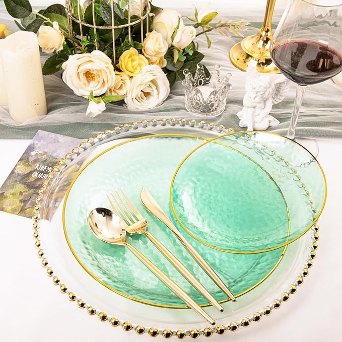 Rubtlamp 60 Green Plastic Plates, Hammered Clear and Gold Disposable Plates Include 30 Dessert Platos, 30 Dinner Platos for St. Patrick's Day