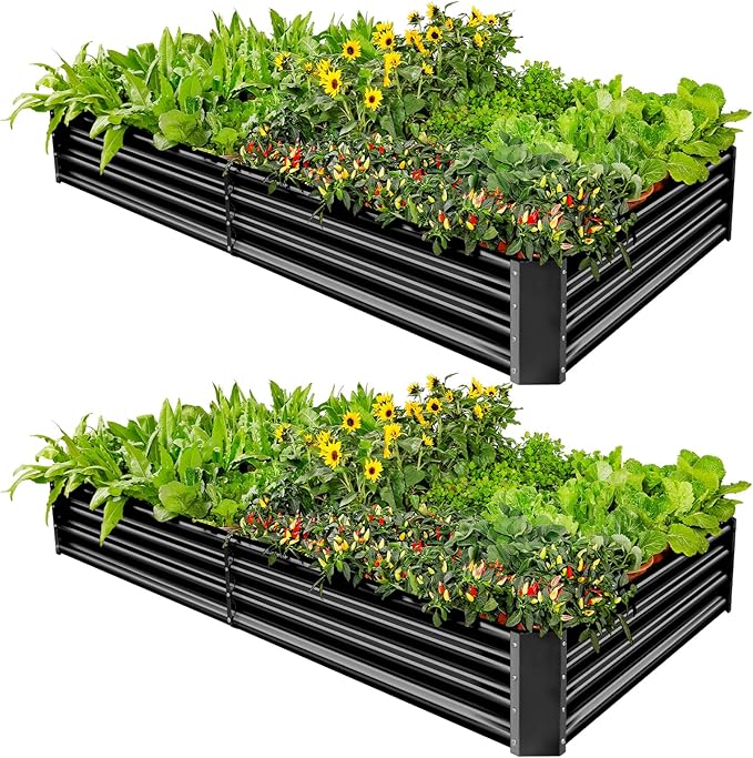 Land Guard 2 Pack 8×4×1ft Galvanized Metal Raised Garden Bed, Metal Planter Kit Box Outdoor for Deep-Rooted Vegetables, Flowers, Green and Herbs (Gray)