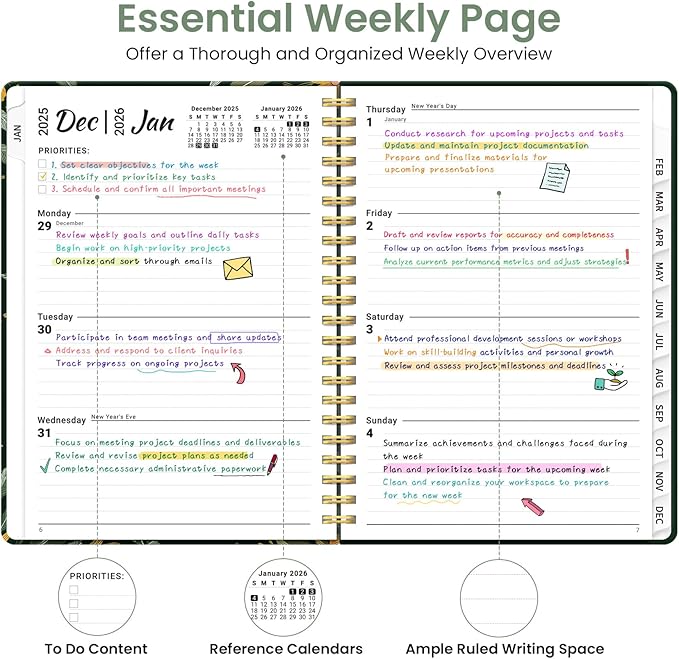 2026 Planner, Weekly and Monthly Planner for Women, Jan 2026 - Dec 2026 Pretty 2026 Calendar Planner with Monthly Tabs, Inner Pocket, Spiral Binding, Perfect for Office Home School - 6.3" x 8.5", Golden Wreath