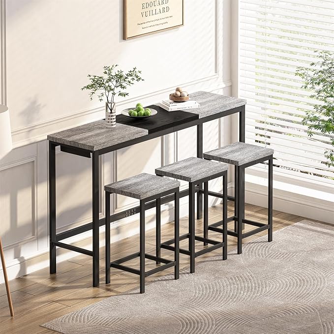 Harper & Bright Designs 4-Piece Dining Table Set, 60.2" L Wood Dining Table with 3 Stools and Metal Frame for Kitchen Dining Room, Convenient Hanging Stool Design, Grey+Black