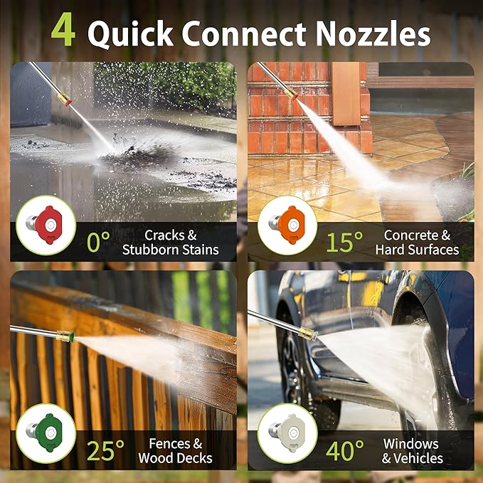 Yeryork Pressure Washer, Power Washer with 4 Lockable Wheels, Stainless Steel Lance, 4 Quick Connect Nozzles, 500ml Foam Cannon, Car Pressure Washer for Decks/Driveways/Patios (Fluorescent Green)