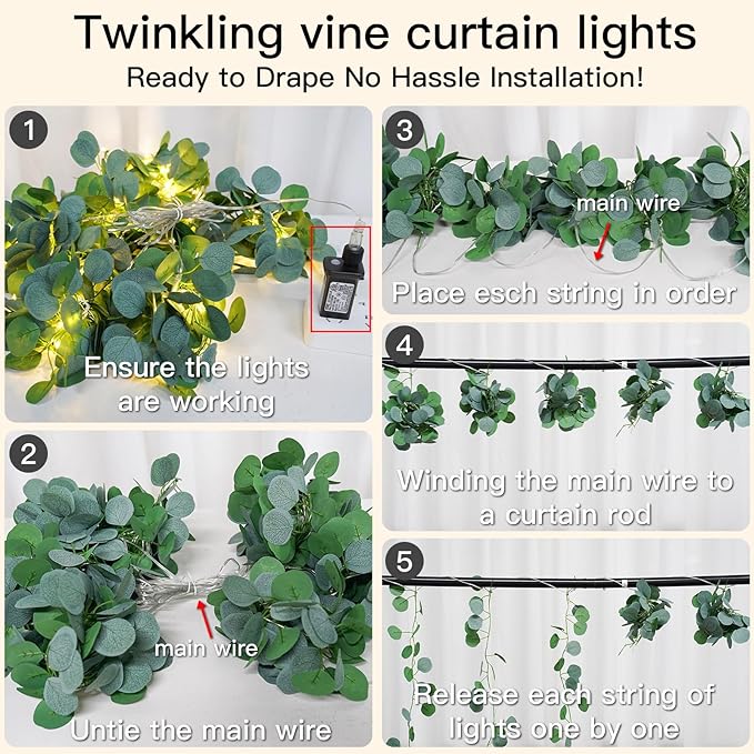 suddus 200 LED Vine with Light Plug in, 6.5ft x 6.5ft Eucalyptus Fairy Curtain