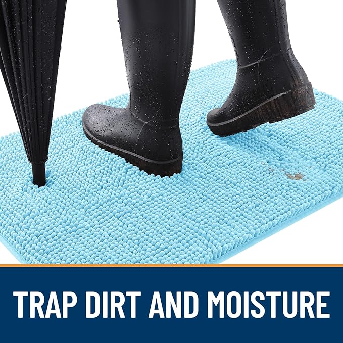OLANLY Dog Door Mat for Muddy Paws 44x24, Absorbs Moisture and Dirt, Absorbent Non-Slip Washable Doormat, Quick Dry Chenille Mud Mat for Dogs, Entry Indoor Entryway Carpet for Inside Floor, Blue