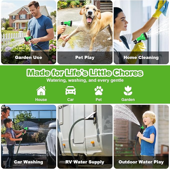 Garden Hose 50ft, Non-Expanding Flexible Hose with 10 Function Nozzle, Lightweight, Kink Free, Sturdy, Leak-Proof, Portable, Water Hose 50ft for Outdoor, Yard, Lawn, Car Wash and Camper Use
