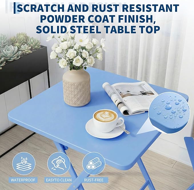 Outdoor Square Bistro Set 3 Piece, Blue Iron Tube Patio Furniture Set with Square Table & 2 Chairs, Foldable Steel Backyard Deck Porch Garden , Space Saving Outdoor Dining Set for Small Spaces