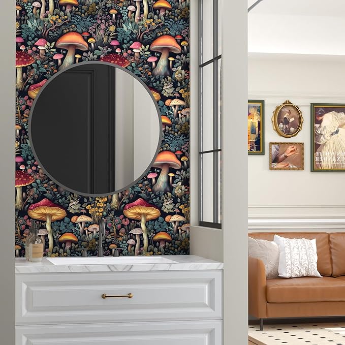 BOKEBEVE Black Colorful Mushroom Contact Paper Floral Wallpaper Peel and Stick