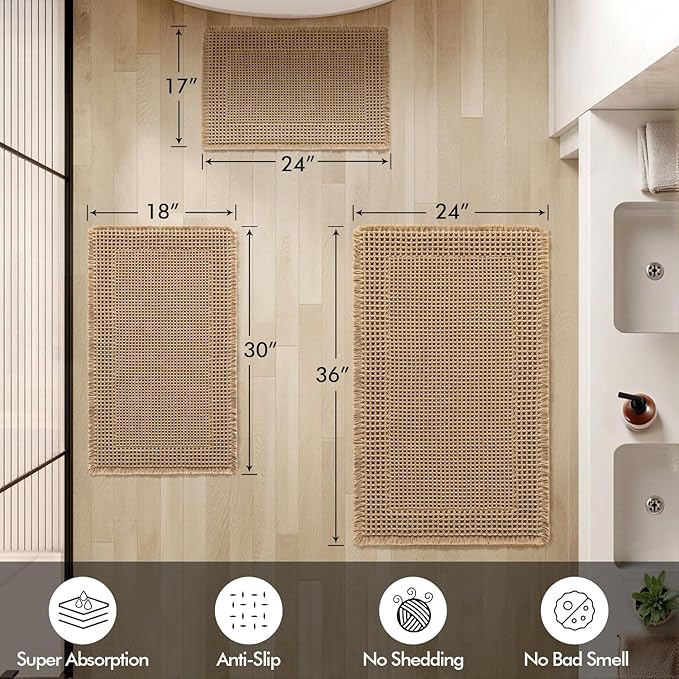 MIULEE Set of 2 Waffle Bathroom Rugs, Boho Bath Rug Super Absorbent, Non Slip Washable Ultra Soft Rubber Backed Shower Bath Mats for Floor, Tub, Shower, Bordered Design, Brown, 17"x24"+18"x30"