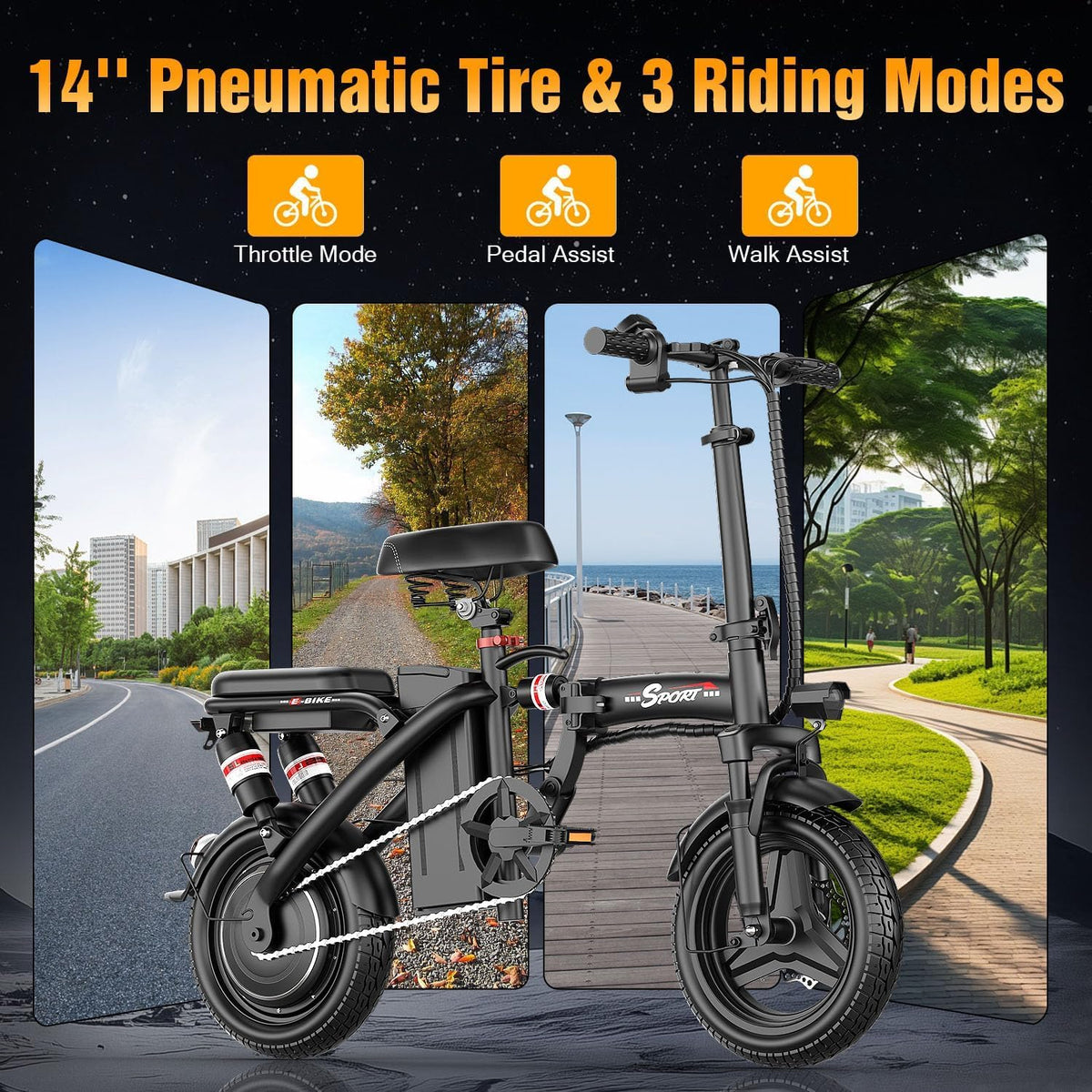 AZHAR Foldable Electric Bike - 1200W Peak Motor, 25 MPH Speed, 45 Miles Range, Compact & Portable Design