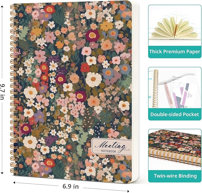 Meeting Notebook for Work Organization - Work notebook with action items, Meeting Minutes Planner Notebook, Perfect Office Supplies for Men & Women - Garden