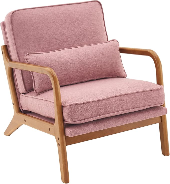 Bonnlo Pink Accent Chairs Set of 2, Upholstered Mid Century Modern Lounge Chairs Reading Chairs Side Sitting Chair Solid Wood Farmhouse Armchairs for Living Room, Bedroom, Guest Room
