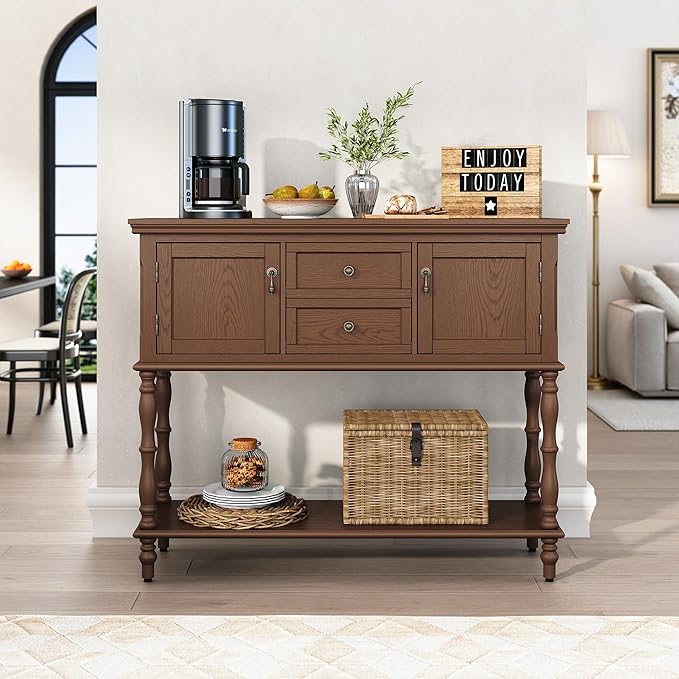 ARTPOWER Console Table for Entryway, Retro Wooden Entryway Table with Storage, with 2 Door & Drawers and Open Shelf, Behind Couch Sofa Table for Living Room, Foyer, Hallway, Brown