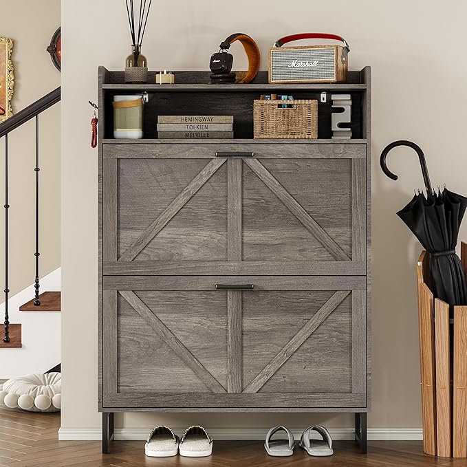 Shoe Cabinet with 2 Flip Drawers Narrow Shoe Storage Organizer Wooden Freestanding Rack Hidden Slim Shoes Storage Cabinet for Entryway, Hallway, Living Room, Bedroom (Grey)