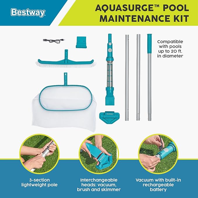 Bestway AquaSurge Pool Maintenance Accessories Cleaning Kit with Rechargeable Pool Vacuum and Skimmer for Outdoor Swimming Pools