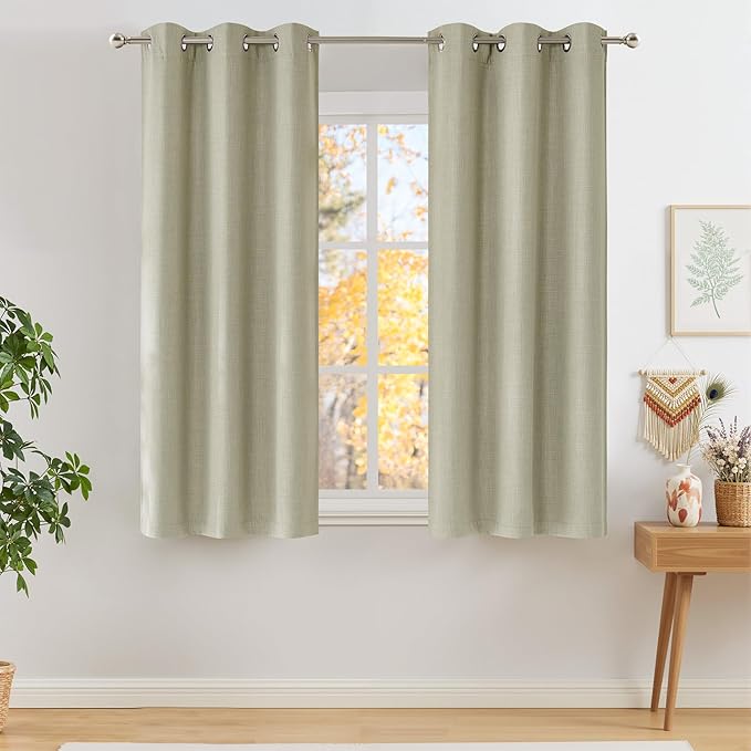 NICETOWN Short Faux Linen Beige Blackout Curtains 63 inches Long