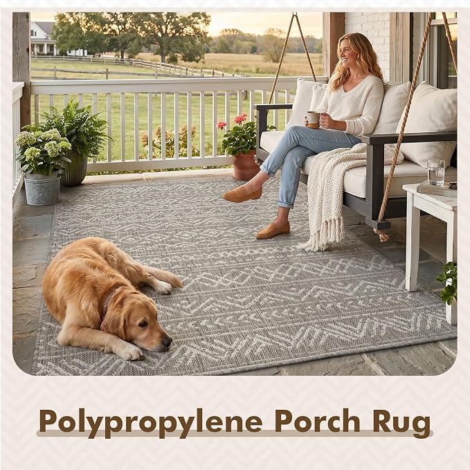 MontVoo-Outdoor Rug-Patio Rug 4x6 Polypropylene Indoor Outdoor Rugs Outdoor Carpet for Patio Deck Balcony Porch, Textured Weave, Durable for High Traffic, Fade-Resistant, Boho Farmhouse Silver Grey