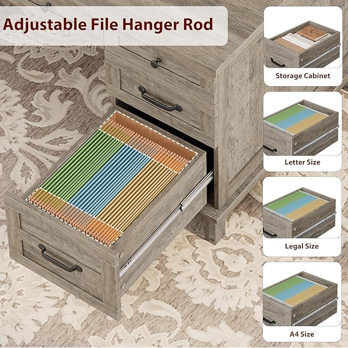 60 Inch Farmhouse Executive Desk with File Drawers for Home Office, Large Computer Desk with Storage Cabinet & Charging Station, Wooden Writing Table with Power Outlets & USB Ports for Work Study