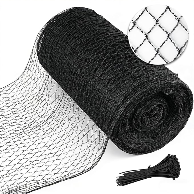 Bird Netting for Garden 25 x 50 FT Heavy Duty Black Garden Netting for Fruit Trees, Chicken Coop, Pond, Blueberry Bushes, Poultry & Deer Netting, HDPE Plant Protection Net Fence with Ties