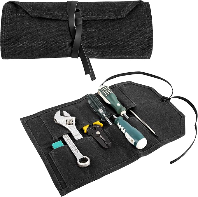 Tool Roll,10Slots Tool Roll Up Pouch,Heavy Duty Waxed Canvas Tool Roll Bag,Chisel Wrench Spanner Roll Tool Pouch with Leather Rope,Tool Roll Organizer for Mechanic Electrician Plumber Carpenter