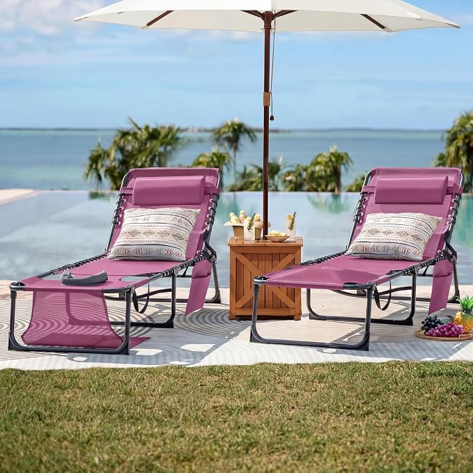 Flamaker Oversize Face Down Chaise Lounge Chair, 27 Inch Wide Foldable Outdoor Patio Chair, 5-Position Adjustable Tanning Chair with Face& Arm Holes for Sunbathing, Pool, Beach, Lawn (Beige, 1 Pcs)