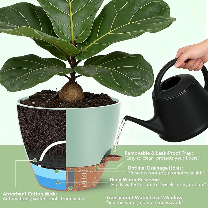 Self Watering Planters Set with Water Level Indicator, 12" 10" 9" 8" Large Plastic Flower Pots with Mesh Drainage Hole and Removable Saucer Reservoir for Indoor Outdoor Plants (Green)