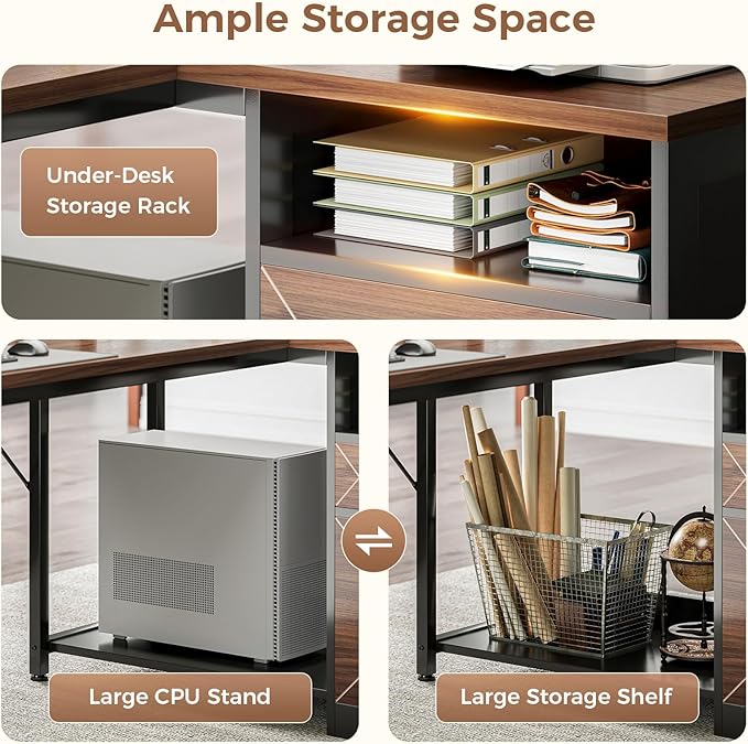AODK L Shaped Desk with Wooden Drawers & Locking File Cabinet, 61 Inch Large Executive Desk with Power Outlet, Led Computer Desk with Storage, Corner Office desk with Monitor Stand & CPU Stand, Walnut