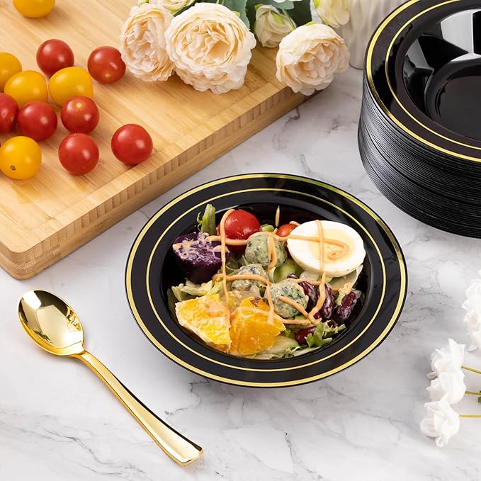 Goodluck 50 Pack Black Plastic Bowls with Gold Rim, 12oz Disposable Soup Bowls, Heavy Duty Dessert Bowls for Weddings, Parties, Dinners, Catering, and New Year