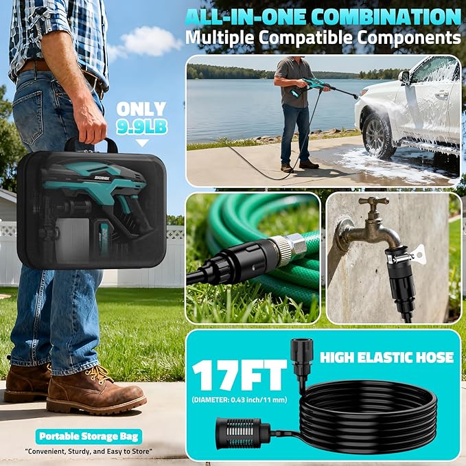 Cordless Portable Cleaning Tool, 800PSI Brushless Cleaning Tool with 18V 4.0Ah Battery, 17FT High Elastic Hose, 6-in-1 Nozzle and Storage Handbag, 3 Power Level Adjustable for Home, Car, Garden