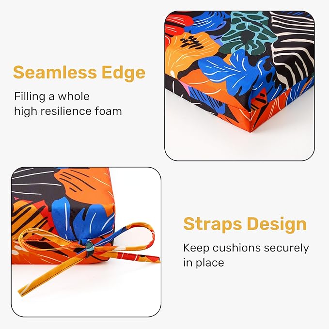UNIKOME Outdoor Chair Cushions Pack of 4, Water Resistant Patio Cushions with Ties, High Density Sponge Filling Square Corner Seat Cushions for Outdoor Furniture, 19"*19"*3", Colored Flower