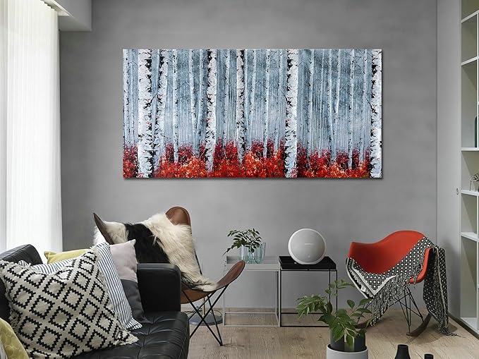 Arjun Birch Tree Wall Art White Landscape Painting Grey Canvas Forest Red Nature Panoramic Picture Rustic for Living Room Bedroom Home Office Decor, Large 48"x24"