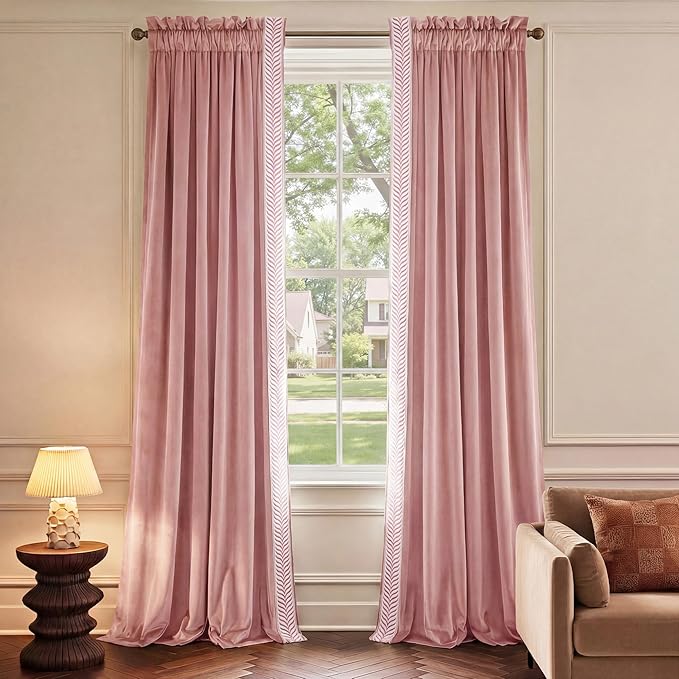 NICETOWN Rod Pocket Embroidered Trim Velvet Curtains, 2 Panels, Blush Pink