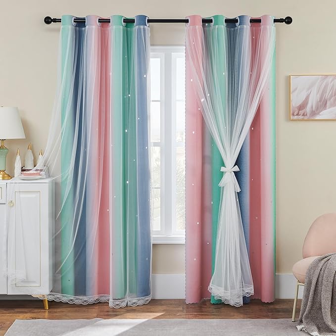 XiDi Curtains for Bedroom Decor, Rainbow Pinkgreen grey52/90