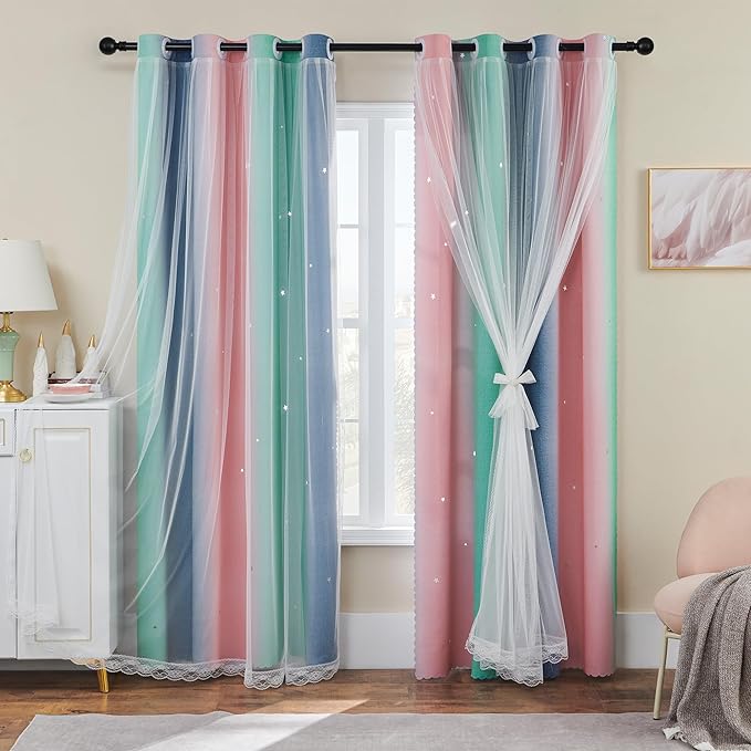 XiDi Pink Grey Curtains for Girls Bedroom, Unicorn Wall Decals Green Curtain