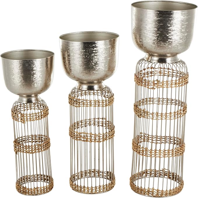Deco 79 Metal Indoor Planter Textured Dome Large Planter Pot with Woven Seagrass and Caged Rod Pedestal Base, Set of 3 Planters 32", 27", 24" H, Silver