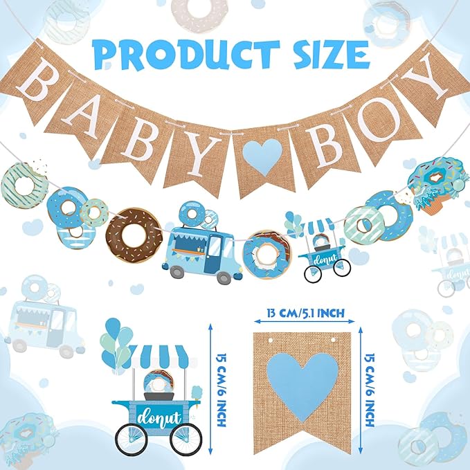 2 Pcs Baby Boy Shower Decorations Pre-Strung Baby Boy Burlap Banner and Donut Toy Banner for Gender Reveal Birthday Party Decorations