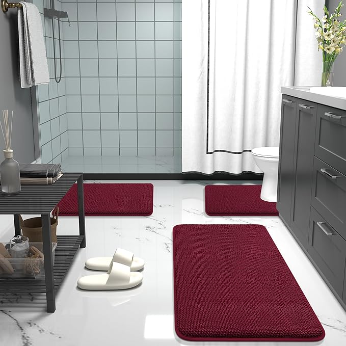 OLANLY Thick Memory Foam Bath Mat Rug 47x20, Extra Soft Absorbent Bathroom Rug, Quick Dry Bath Mats, Non-Slip, Machine Washable Carpet for Bathroom, Tub and Shower, Home Decor Accessories, Burgundy