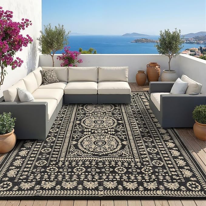 Garvee Reversible Outdoor Rug 6x9 for Patio, Waterproof Outdoor Area Rug, Modern Medallion Indoor Outdoor Rugs, Plastic Straw Rug for RV, Camping, Deck, Vintage Brown