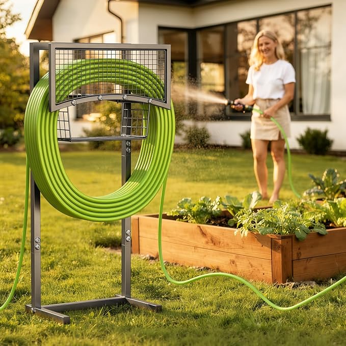 Garden Hose Holder Freestanding with Storage Basket, Holds Up to 165FT Hose, Heavy Duty Metal Water Hose Holder with 4 Anchor Spikes, for Yard, Lawn & Patio