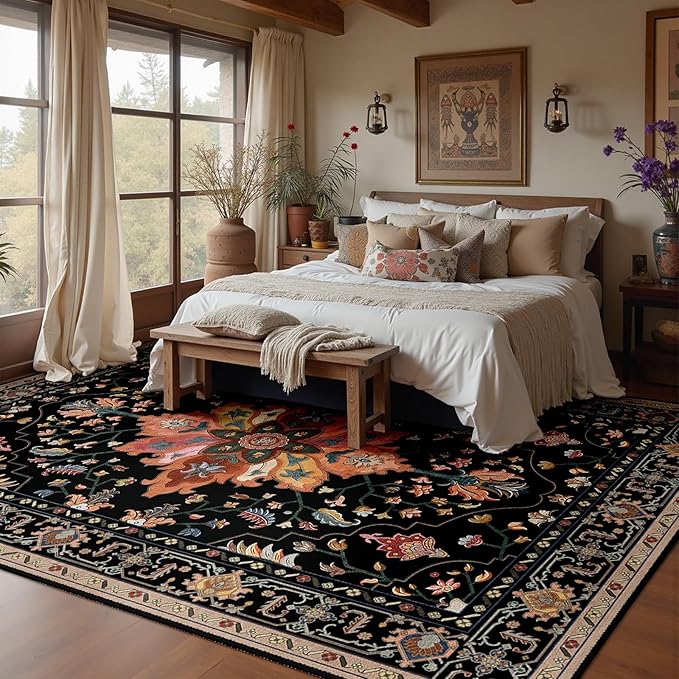 Area Rugs 7'x9' Washable Non-Slip, Floral Vintage Distress Print Pattern Medallion Carpet for Living Room Bedroom Dining Room, Black Colorful Floral Dark Tan