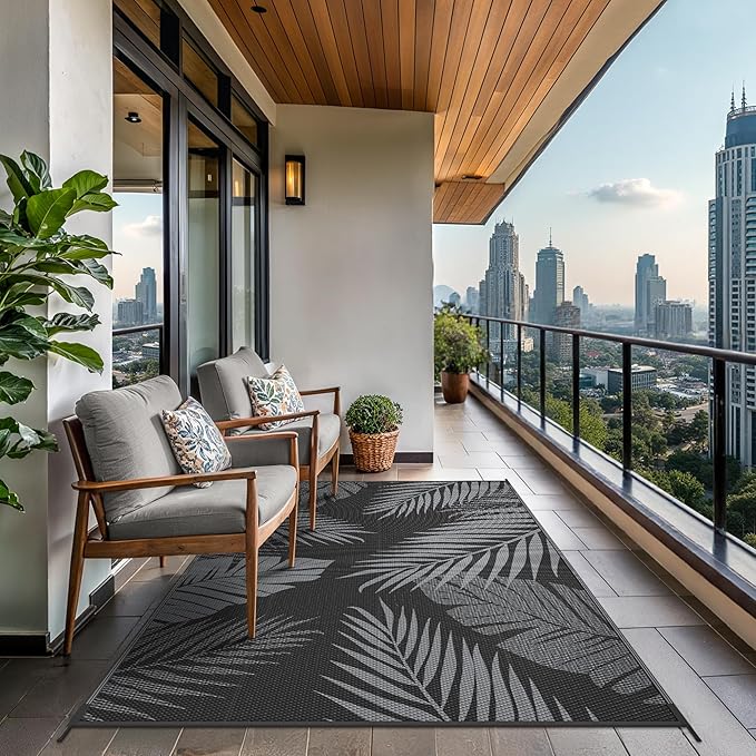 GENIMO Outdoor Rug 8' x 10' Waterproof for Patios Clearance, Reversible Outdoor Plastic Straw Camping Rug Carpet, Large Area Rugs Mats for RV, Camper, Deck, Balcony, Porch, Beach, Picnic, Black&Grey