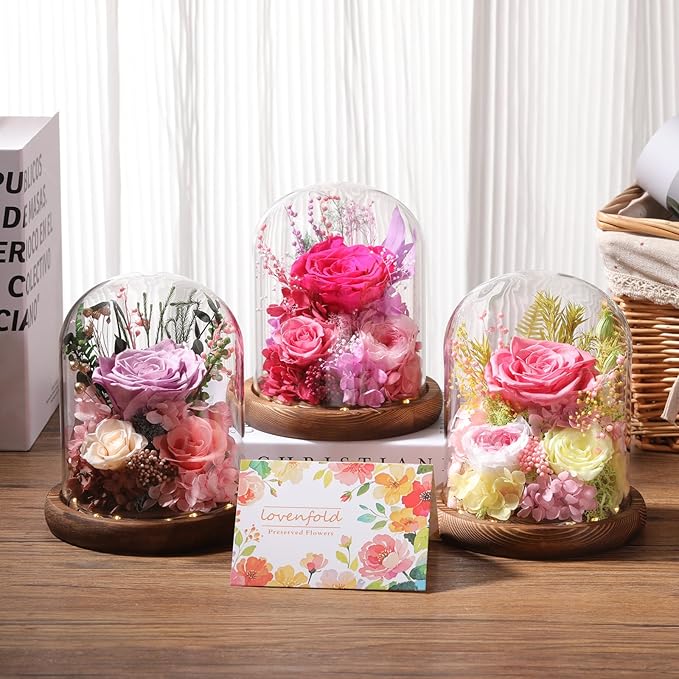 Flowers for Delivery Prime Preserved Flowers Pink Roses with LED Light in a Glass Dome,Long Lasting Real Roses Birthday Gifts for Women Daughter Mom Wife Friend（Pink Rose）