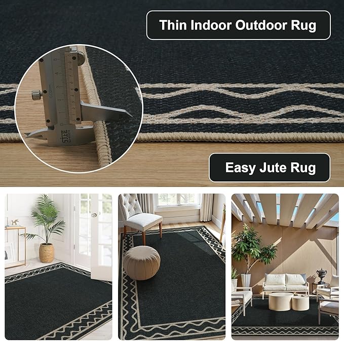 OJIA Easy Jute Front Door Mats Outdoor Rug 3x5 Washable Rugs for Entryway, Wavy Border Black Indoor Outdoor Rugs Non-Slip Doormat Entry Rugs Farmhouse Area Rug for Porch Outside Kitchen Living Room