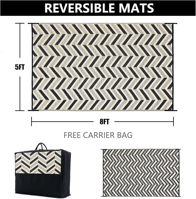 HUGEAR Outdoor Plastic Straw Rug, Waterproof Outdoor Rugs for Patios Clearance, Reversible Area Rug, Large Outside Carpet for Camping, Balcony, RV, Deck, Picnic, Beach (5x8ft Modern/Black&Brown)