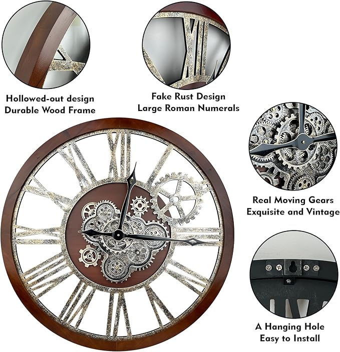 The B-Style Large Real Moving Gears Wall Clock 30 inch Rustic Retro Industrial