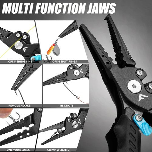 FLISSA 7-1/2 Inch Fishing Pliers, Safety Lock Design Fish Pliers Saltwater with TPR Handle, Stainless Steel hook remover with Braid Cutters, Sheath and Lanyard, Fishing Tool Gifts for Men
