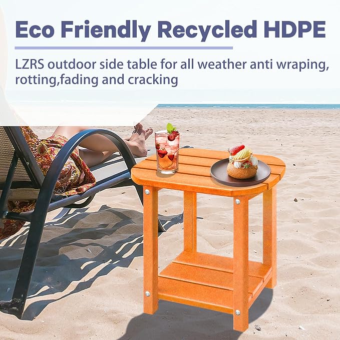 LZRS 2-Tier Patio Side Table, Heavy Duty HDPE Outdoor End Table with Wood Texture, Weatherproof Composite Table for Adirondack Chairs, Deck, Pool, Indoor/Outdoor, No Peeling Cracking(Orange)