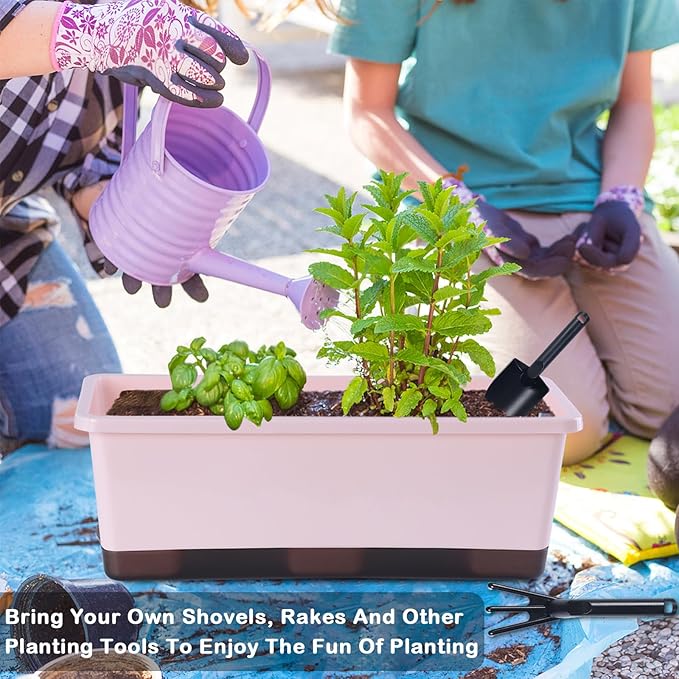 Oliz Window Box Planter 8 Pcs, 17 Inches Rectangle Flower Pots with Drainage Holes & Trays, Vegetable Planters for Windowsill Patio Garden Balcony Home Indoor Outdoor (Pink, 16 * 7 * 6 inch)
