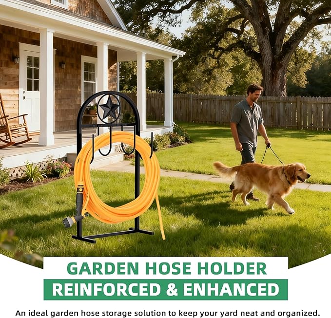 Garden Hose Holder - Upgraded Sturdy Hose Pentagram Holder, Freestanding Heavy-Duty Hose Reel, Sturdy Water Hose Holder and Hose Storage for Outside, Lawns and Yards,Black
