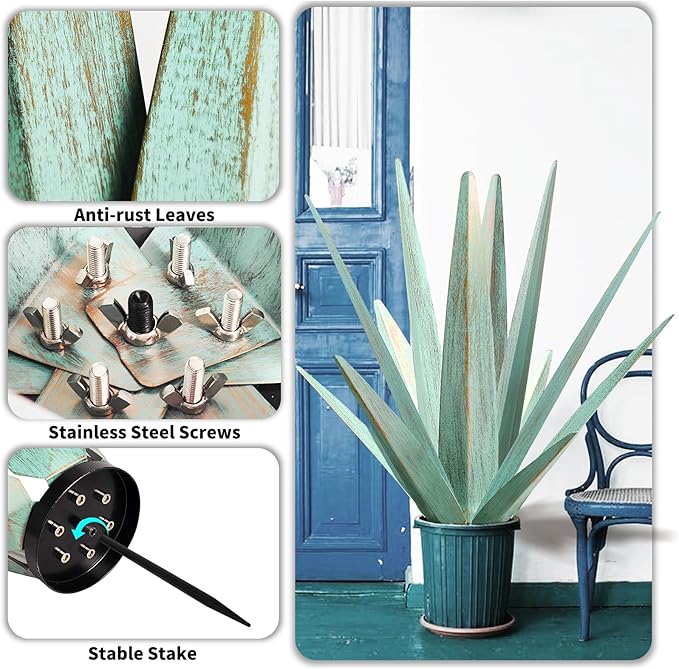 KODIBO Large Tequila Rustic Sculpture, Rustic Metal Agave Plants for Outdoor Patio Yard, Home Decor Hand Painted Metal Agave Garden Yard Statue, Outdoor Lawn Ornaments (Mint Green - L)